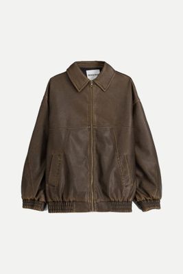 Distressed Leather Effect Oversize Dad Fit Jacket from Bershka