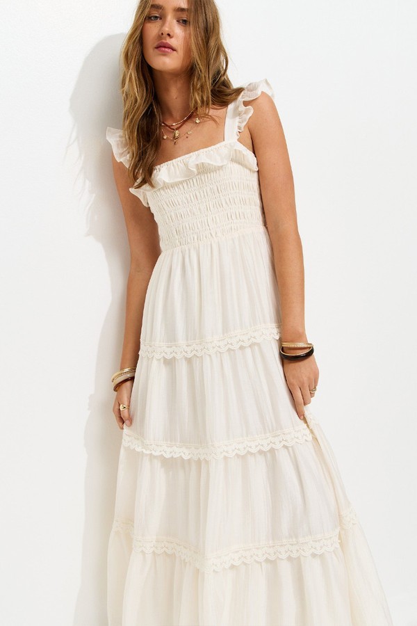 Frilly Trimmed Shirred tiered Maxi Dress