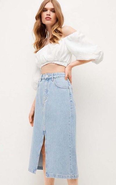 Spilt Front Denim Midi Skirt