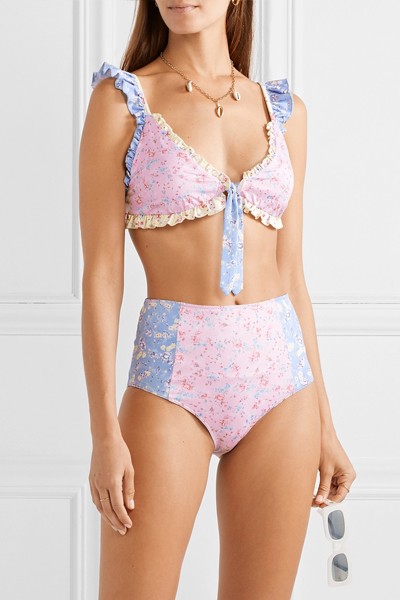 Claudia Ruffled Paneled Floral-Print Bikini Top from LoveShackFancy