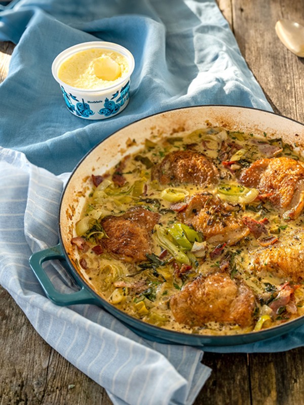 Baked Chicken Thighs With Cider, Wholegrain Mustard & Rodda’s Cornish Clotted Cream