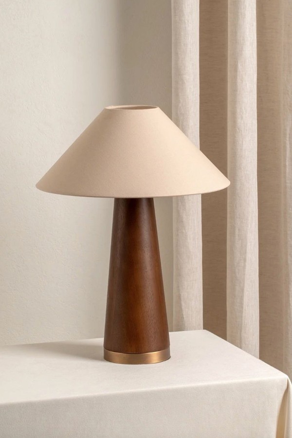 Baneza Aged Brass & Wood Cone Table Lamp from lights&lamps