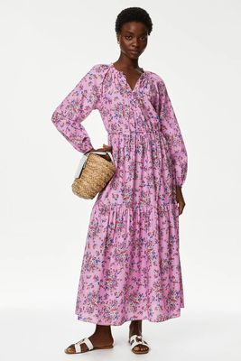 Pure Cotton Printed V-Neck Midaxi Shirt Dress from Marks & Spencer