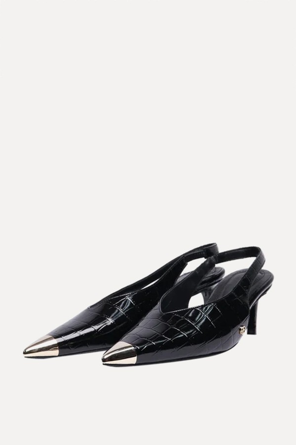 Croc-Effect Kitten-Heel Slingbacks from Anine Bing