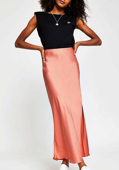 Coral Side Split Satin Skirt