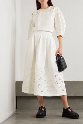 Broderie Anglaise Linen-Twill Midi Skirt from Chloé