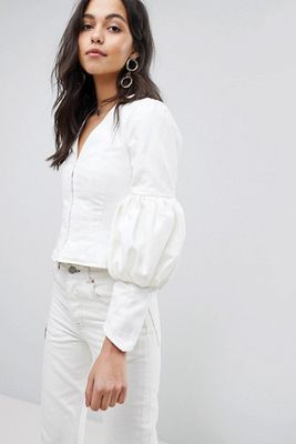Denim Top With Sleeve Detail In Off White from ASOS