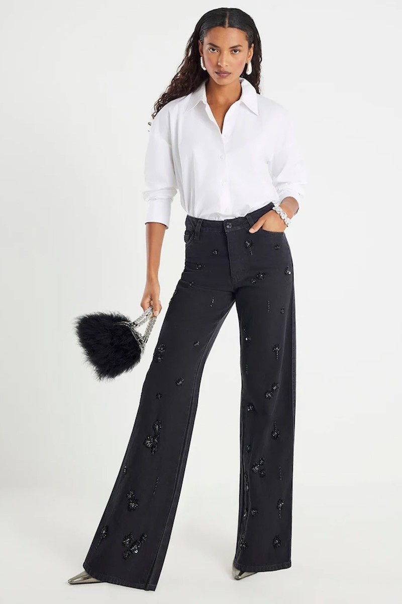 Relaxed Straight Floral Embellished Jeans from River Island