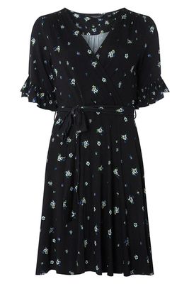 Navy Floral Print Wrap Fit And Flare Dress