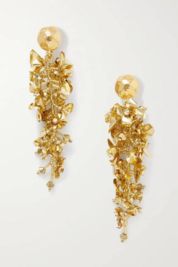 Flower Vine Gold-Tone, Crystal & Bead Clip Earrings from Oscar de la Renta