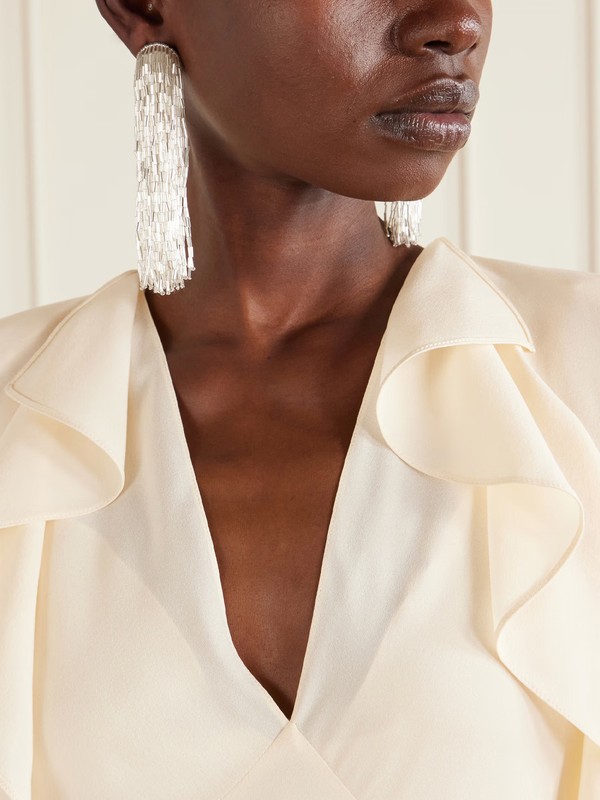  Tassel Beaded Silver-Tone Crystal Clip Earrings