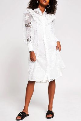 White Long Sleeve Midi Lace Shirt Dress