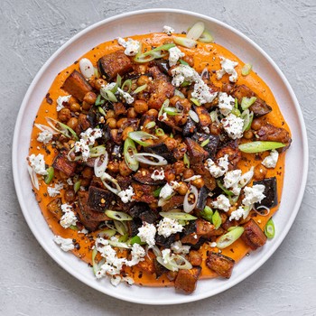 Roasted Aubergine & Chickpea Salad With Harissa Cream