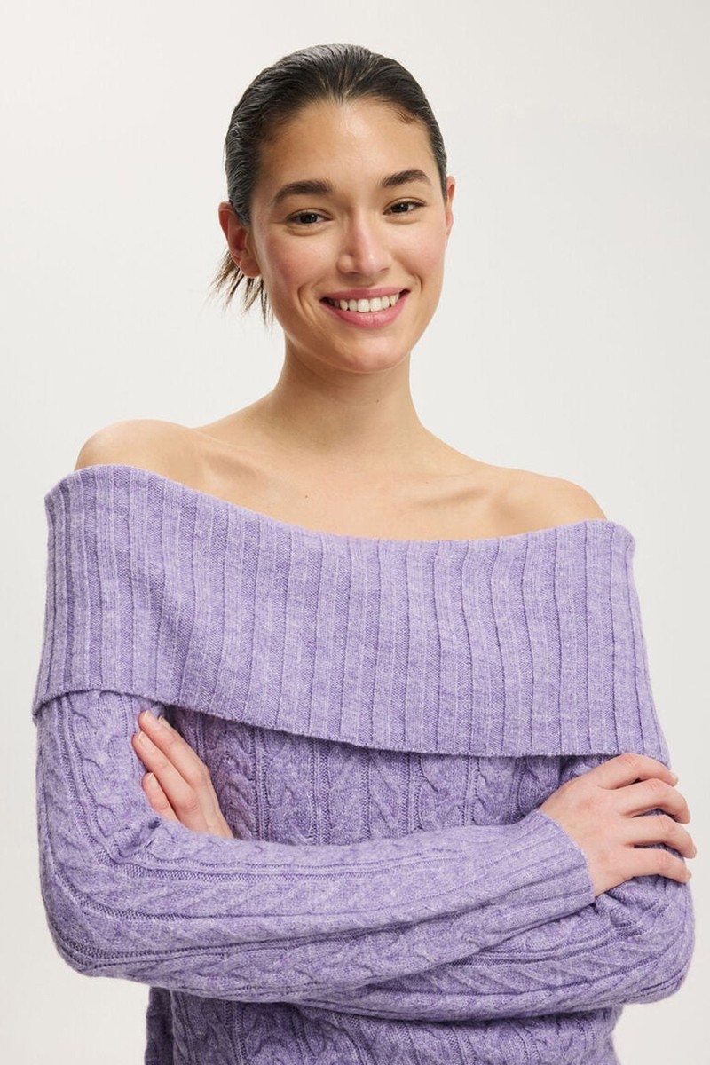 Fluffy Cable Off Shoulder Knit