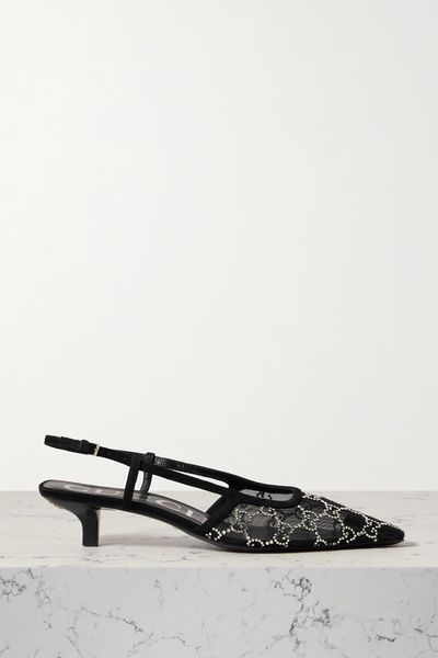 Demi Suede-Trimmed Crystal-Embellished Mesh Slingback Pumps from Gucci