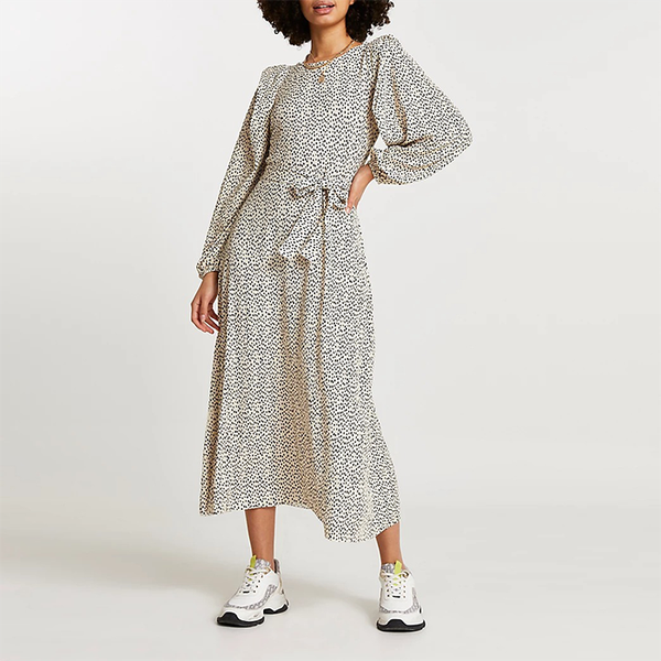 Spot Print Plisse Tie Waist Midi Dress