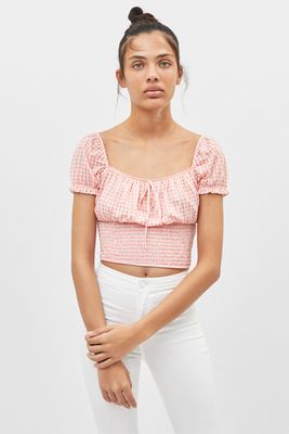Gingham T-Shirt With Peasant Neckline from Bershka