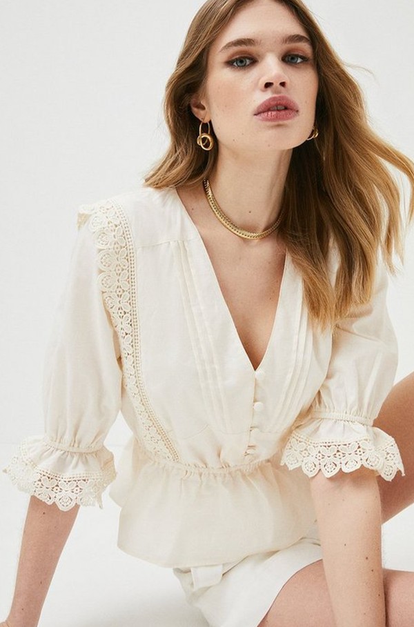 Cotton Poplin Lace Insert Peplum Woven Blouse