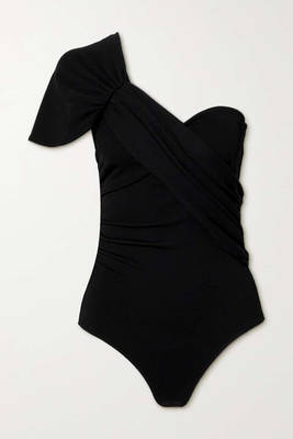 The Riza One-Shoulder Draped Stretch-Jersey Bodysuit from Goldsign