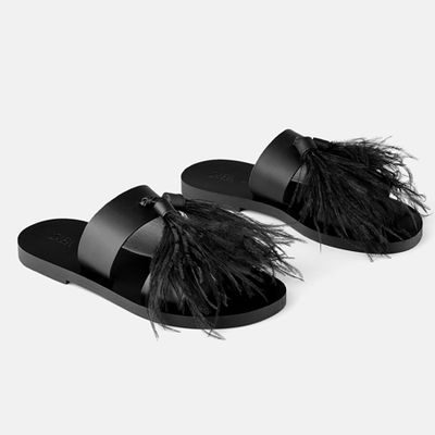 Flat Leather Sandals With Feathers from Zara