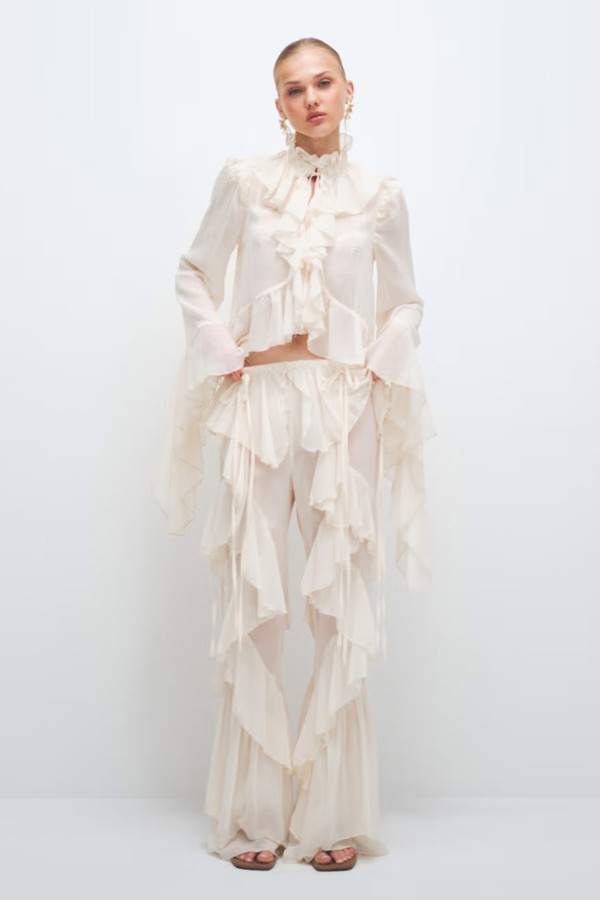 Chiffon Extreme Ruffle Detail Wide Leg Trouser Co-Ord from Noughts & Kisses