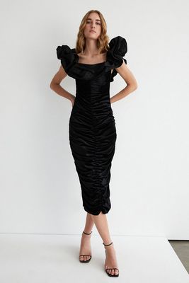 Velvet Organza Frill Ruched Midi Dress from Warehouse