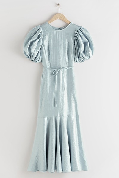 Metallic Crepe Puff Sleeve Midi Dress