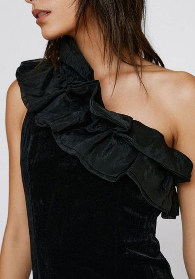 Asymmetric Ruffle Detail Velvet Mini Dress