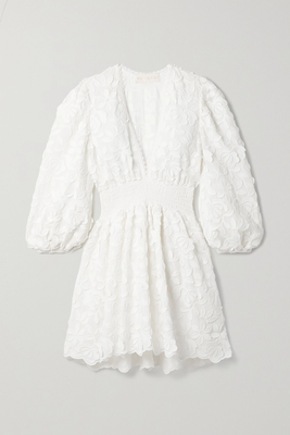 Villa Alta Shirred Crochet-Trimmed Appliquéd Voile Mini Dress
