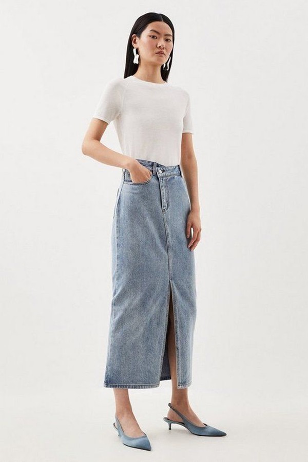 Denim Asymmetric Waistband Detail Maxi Skirt