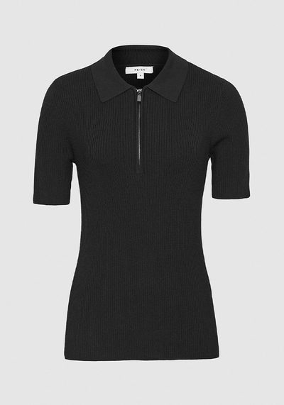 Tia Black Ribbed Neck Polo Shirt