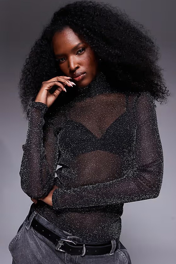 Roll Neck Sheer Metallic Second Skin Mesh Top from ASOS DESIGN