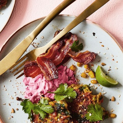 Corn & Quinoa Fritters With Crispy Bacon & Beetroot Yoghurt