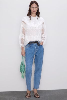 Contrast Blouse With Ruffled Trim