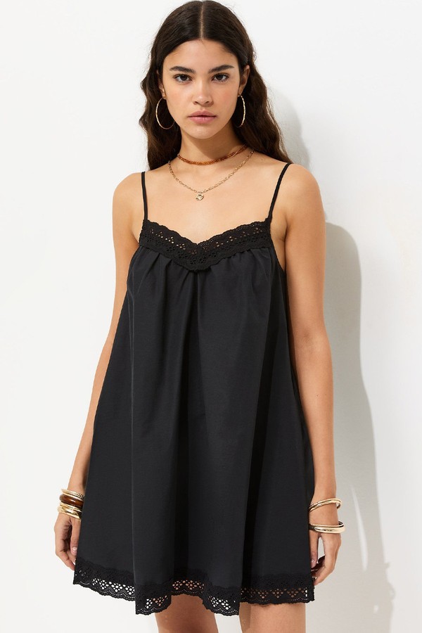 Cotton Rich Lace Trim Strappy Smock Mini Dress