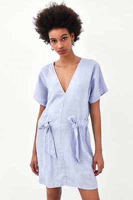 Mini Linen Dress With Tied Bow