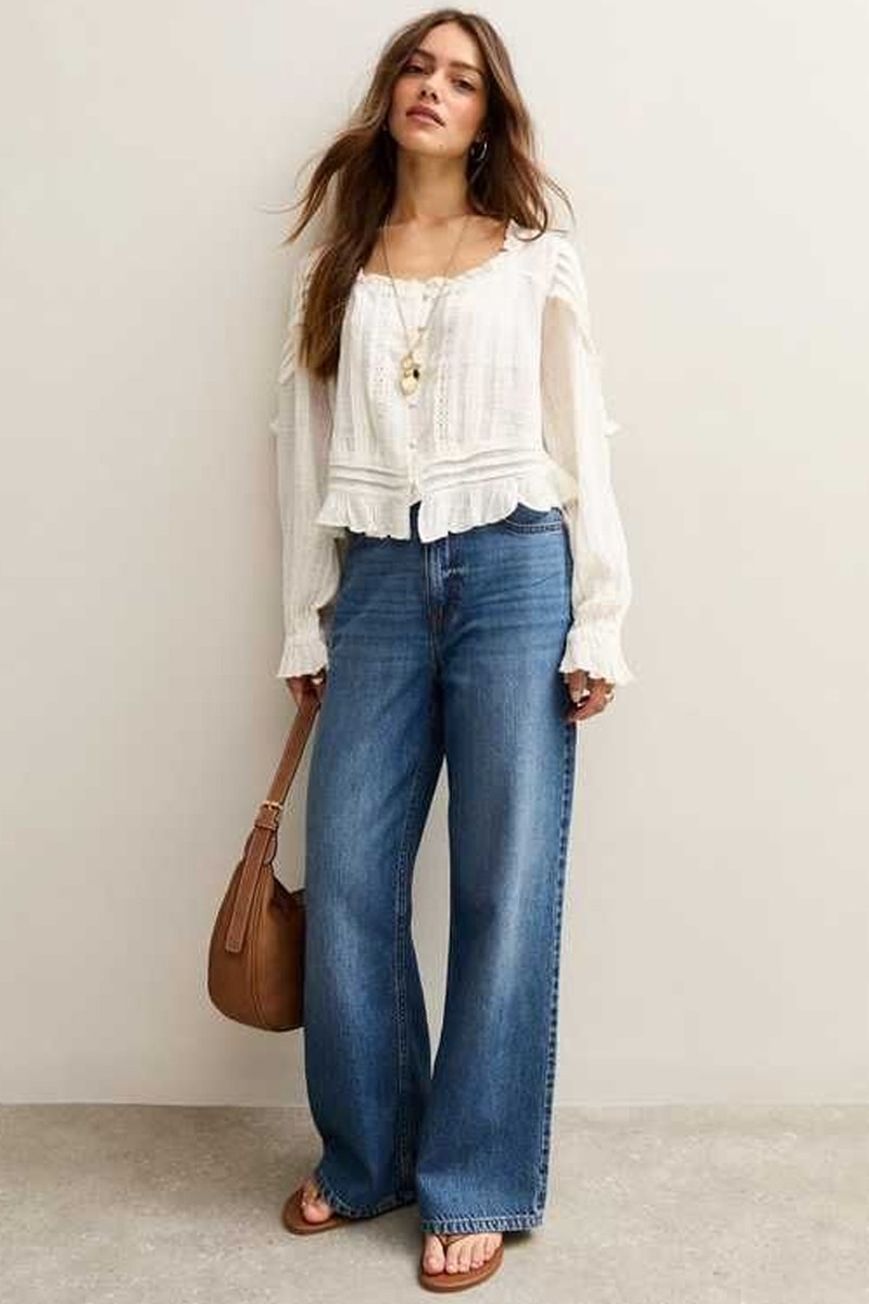 Petite Long Sleeve Pintucked Cropped Blouse