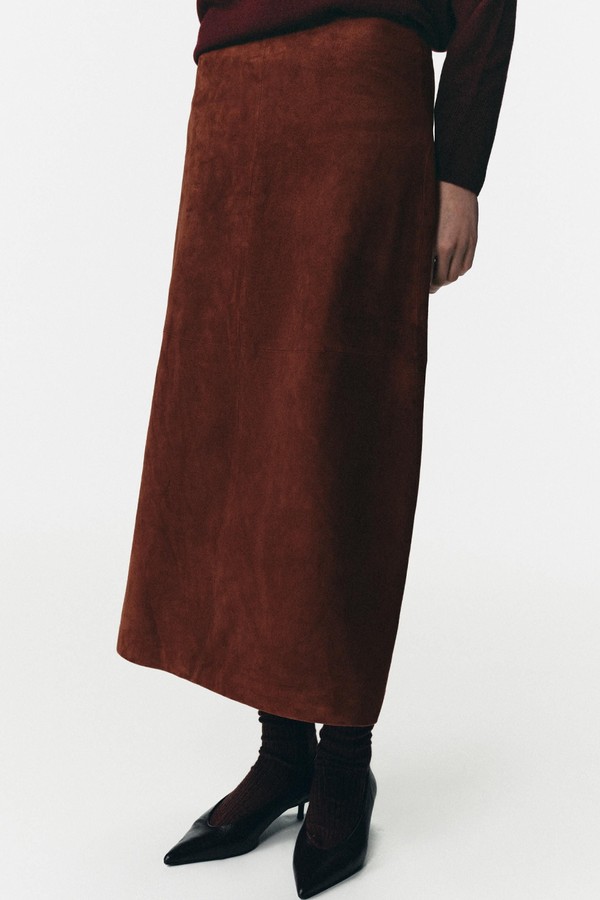 100% Suede Leather Midi Skirt