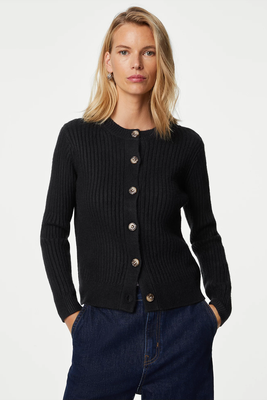 Knitted Ribbed Crew Neck Cardigan  from M&S