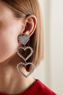 Three Hearts Silver-Tone Crystal Clip Earrings from Alessandra Rich