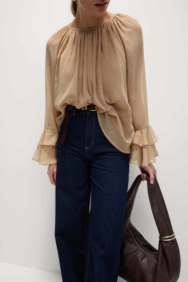 Crew Neck Ruffle Sleeve Blouse