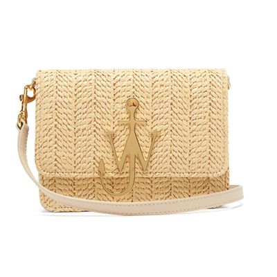 Logo Plaque Raffia and Leather Cross-Body Bag from JW Anderson