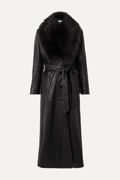 Dakota Belted Shearling-Trimmed Leather Coat from Nour Hammour