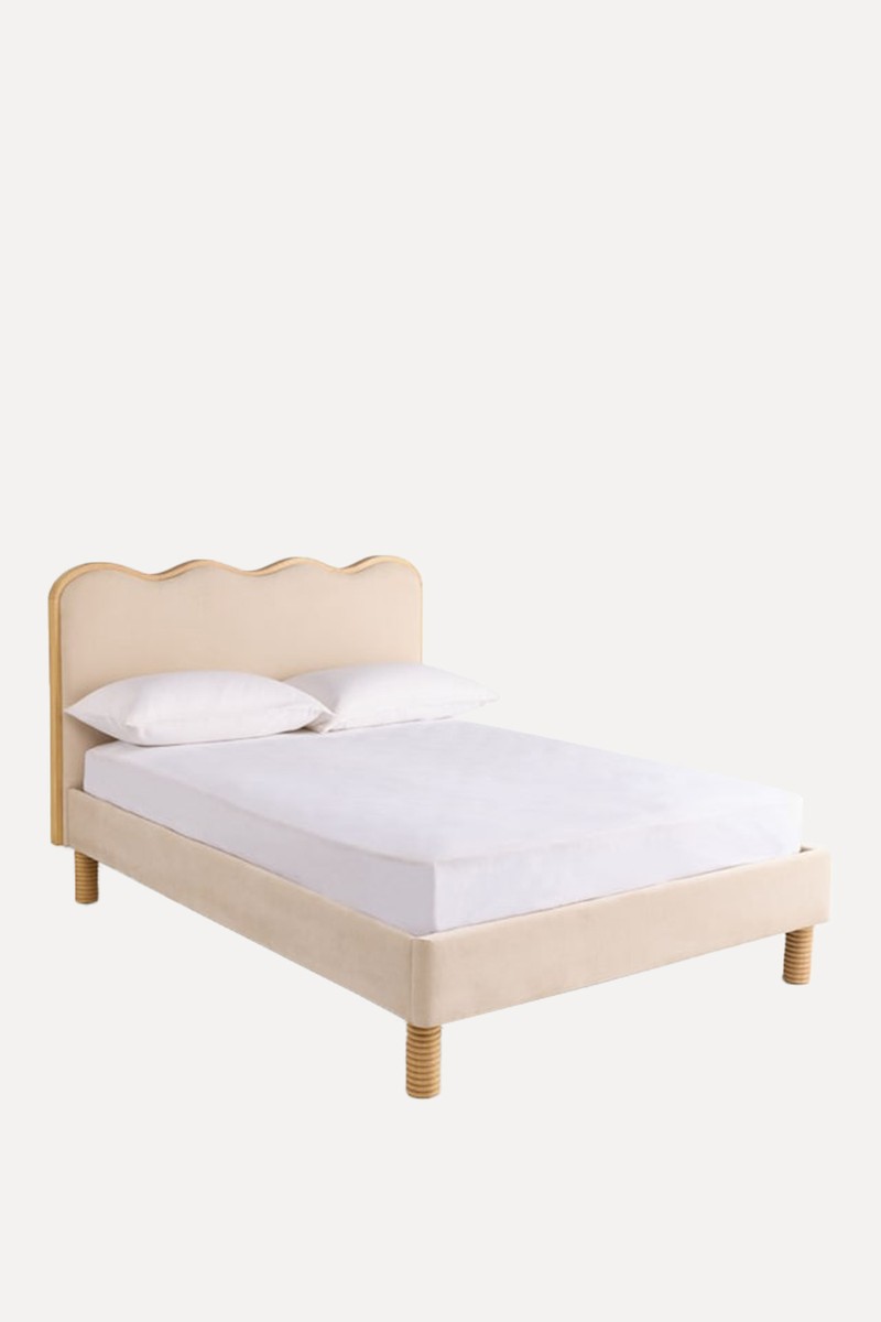 Soft Twill & Oak Effect Wren Wooden Scallop Wave Bed
