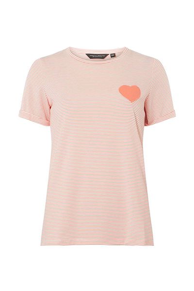 Coral Striped Heart Embroidered T-Shirt