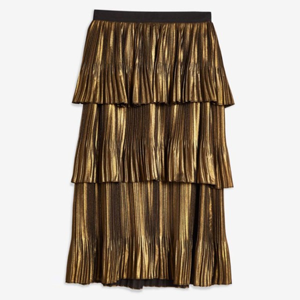 Gold Metallic Tiered Midi Skirt