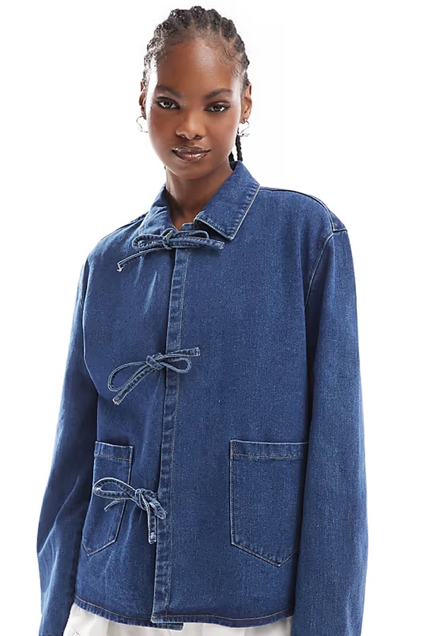 Tie Front Denim Jacket In Mid Wash from ONLY