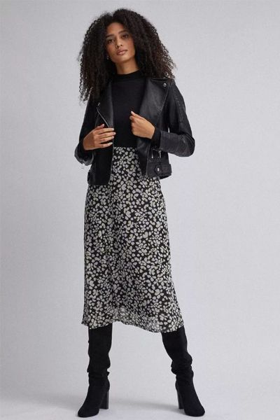 Black Daisy Print Mesh Midi Skirt