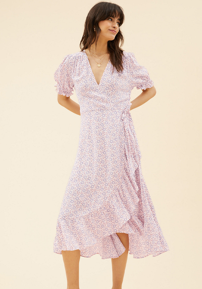 Ditsy Floral V-Neck Midi Wrap Dress