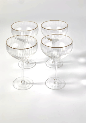 4 x Gold Rim Ribbed Cocktail Glasses Martini Glasses 
